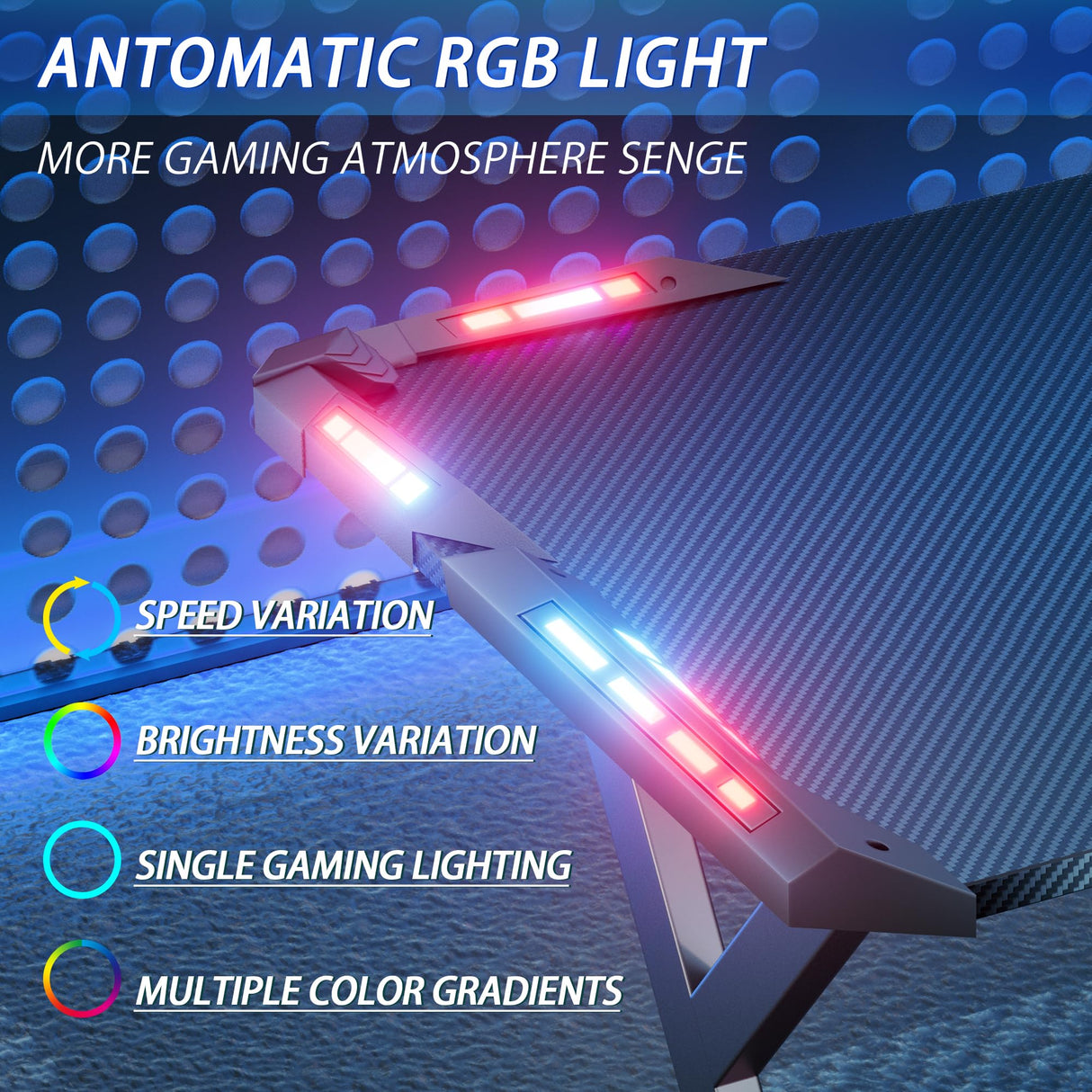 HLDIRECT 40 INCH Gaming Desk with LED Lights, Home Office Gamer Desk, Ergonomic Computer Table with Large Carbon Fiber Desktop, Office Workstation, Cup Holder & Headphone Hook, Black HLDIRECT