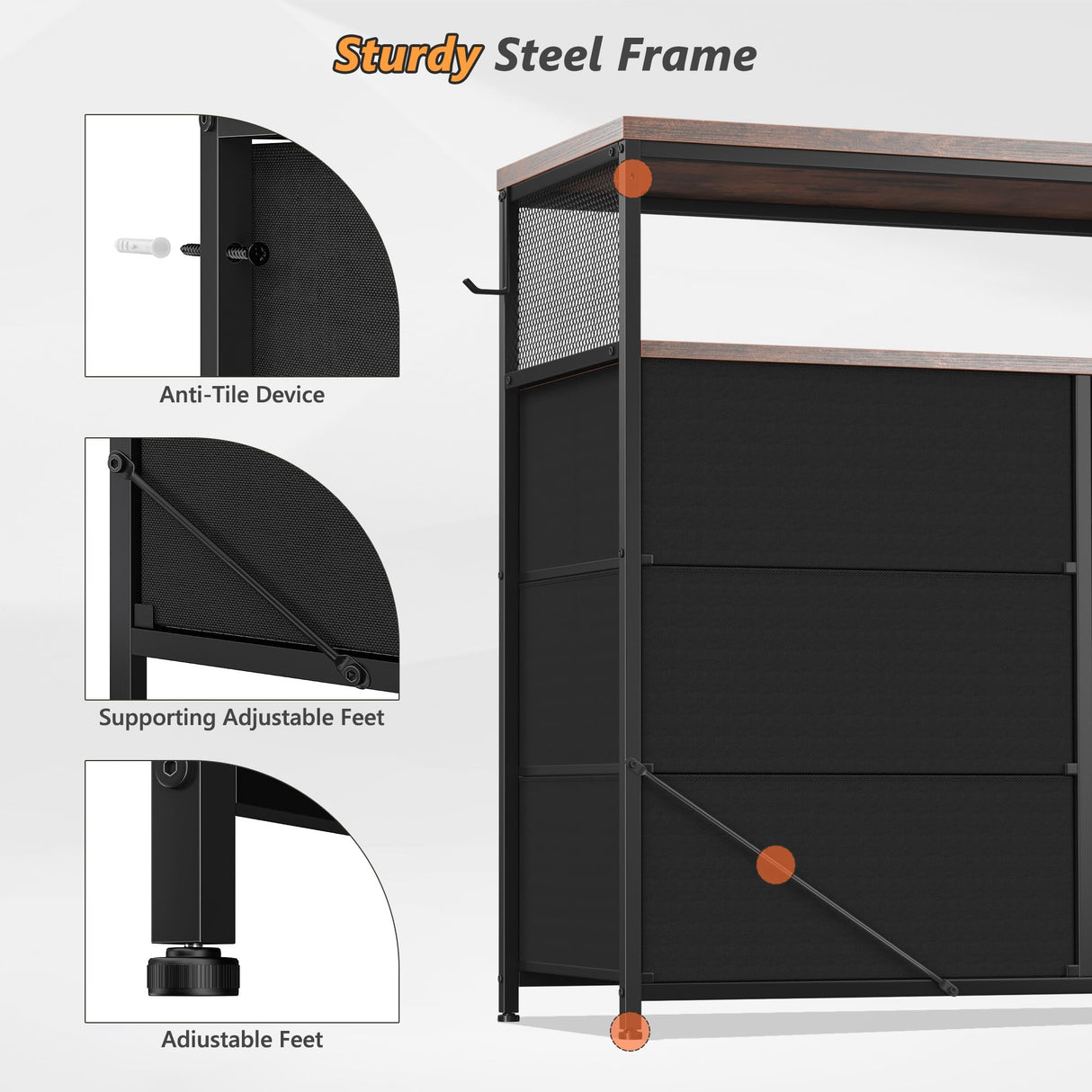 EnHomee Dresser for Bedroom with 10 Fabric Drawers, Dresser with LED Lights & Power Outlets, 55" TV Stand Dresser with Side Pockets and Wood Open Shelves for Bedroom, Entryway, Rustic Brown EnHomee