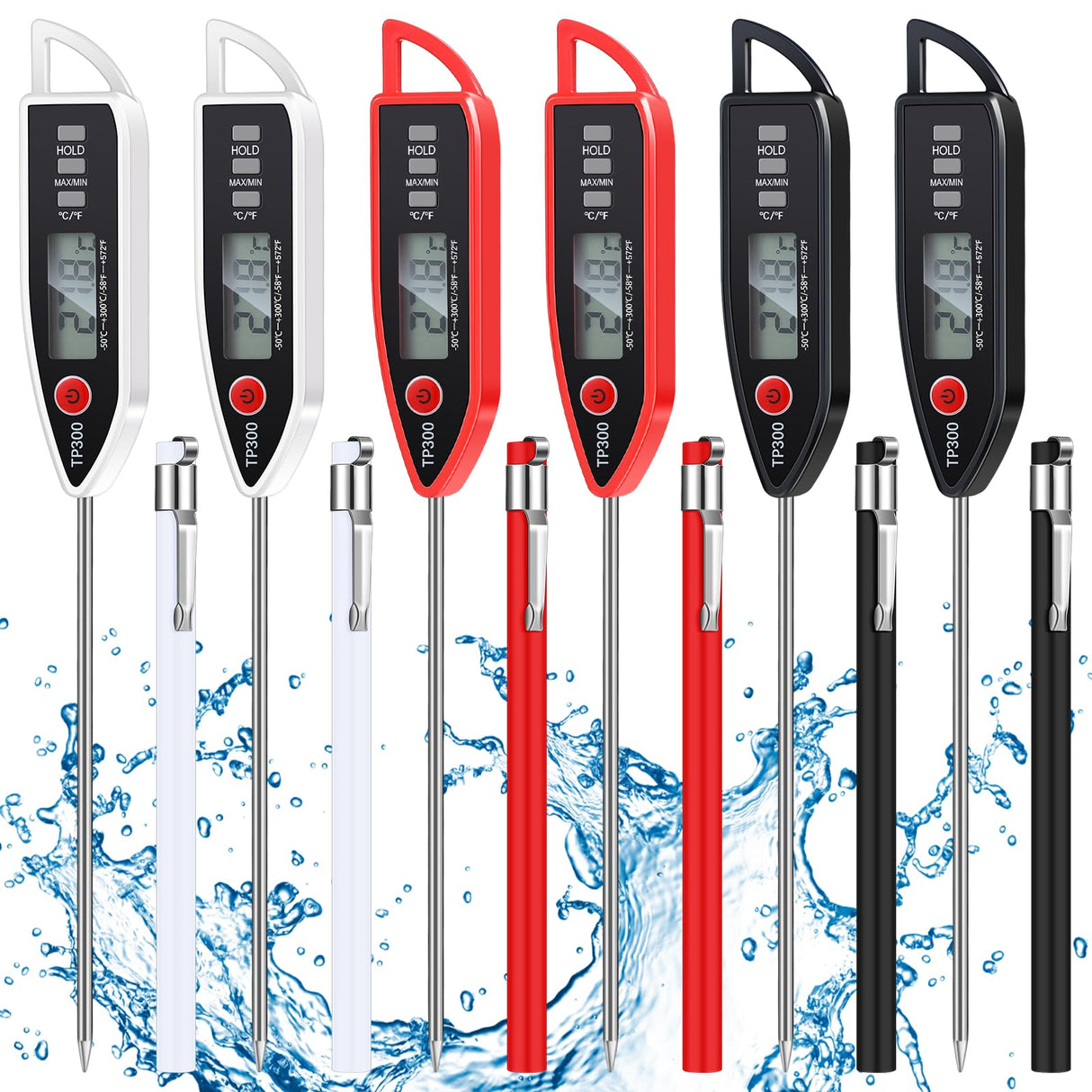 Copkim 6 Set Waterproof Food Thermometer for Water, Liquid, Candle and Cooking Digital Meat Thermometer with Long Probe Instant Read for Kitchen BBQ Grill Candy (Black,White,Red) Copkim