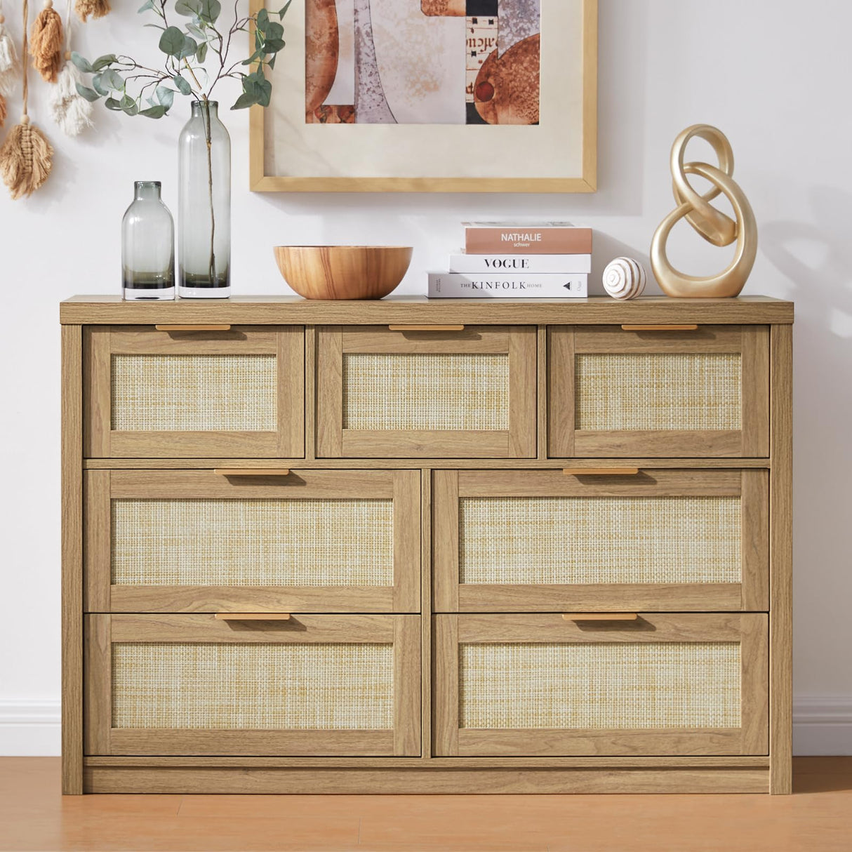 OAKHAM HOME 7 Drawers Dresser, Rattan Dresser TV Stand for Bedroom Closet, Wood Chests of Drawers with Metal Handle and Wide Drawers, 52.76" W x 17.71" D x 31.69" H OAKHAM HOME