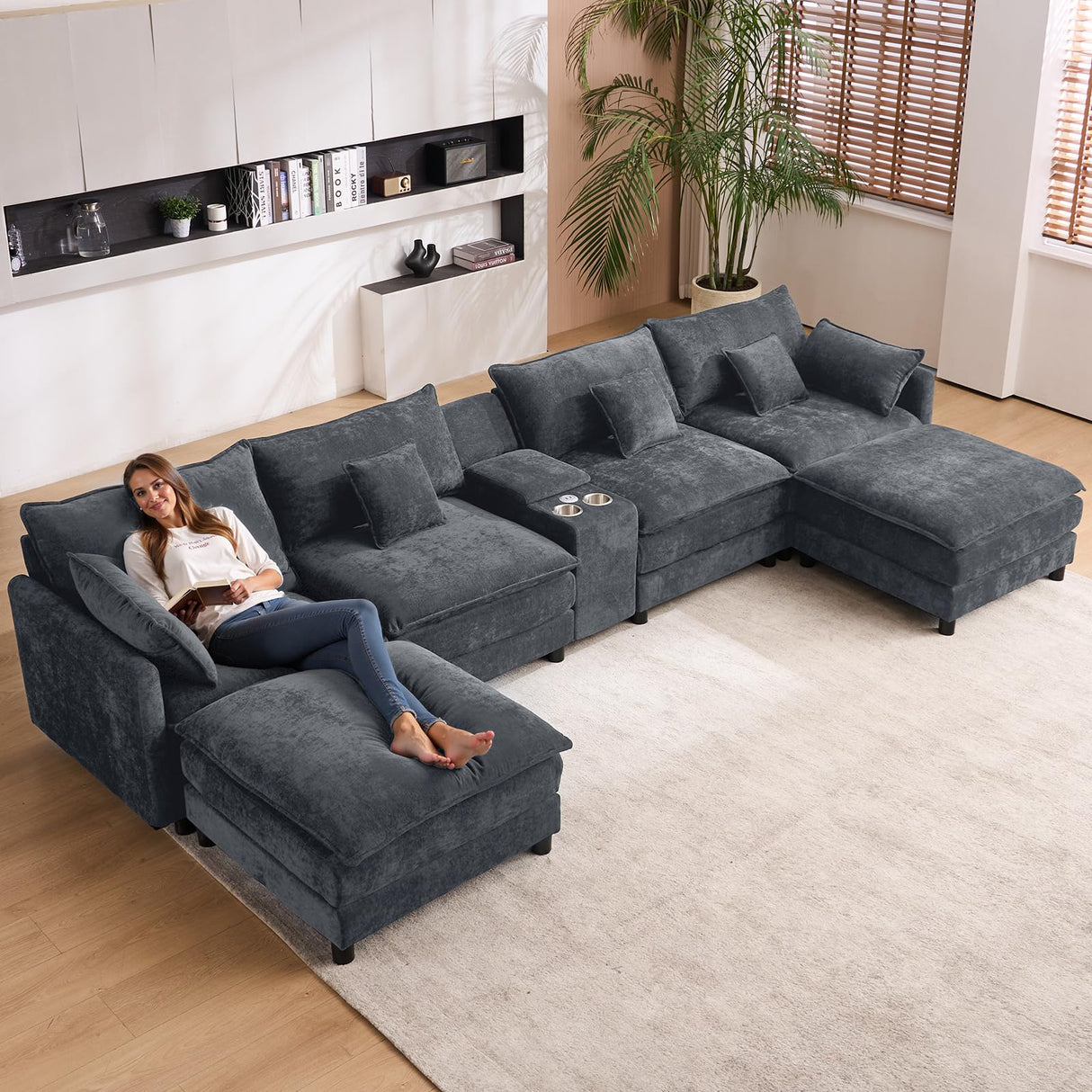 145" Oversized Modular Sectional Sofa U Shaped Cloud Couch 6 Seat Sofa Set for Living Room Comfy Fluffy Chenille Deep Seat with Movable Ottomans, Storage Console, Cup Holders, USB Ports, Dark Grey BEQAI
