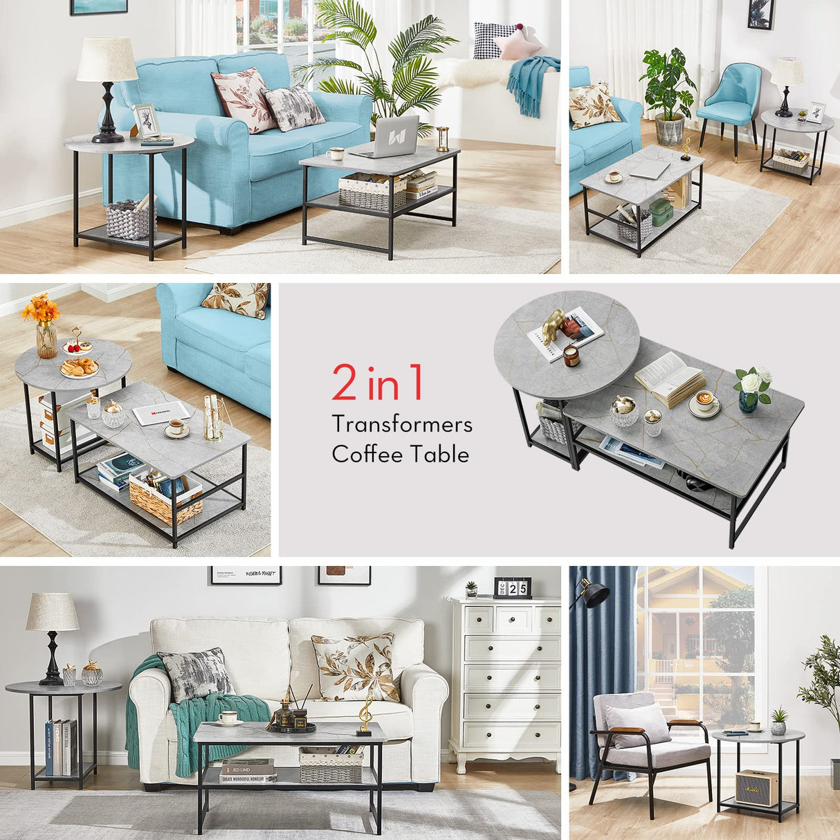 WOHOMO Coffee Table, Modern Style Coffee Tables for Living Room Marble Center Table with Storage 2 in 1Detachable Table Set,Grey Marble WOHOMO