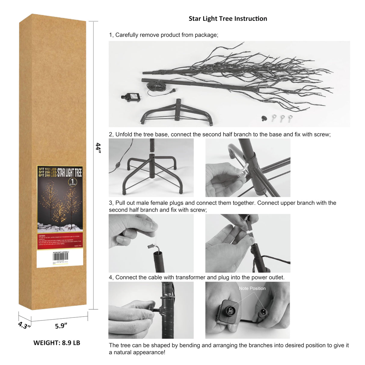 Lightshare Set of 3 Star Light Trees Christmas Decorations, Including 3 feet, 5 feet, and 6 feet, Warm White Christmas Tree, Brown Branch LIGHTSHARE