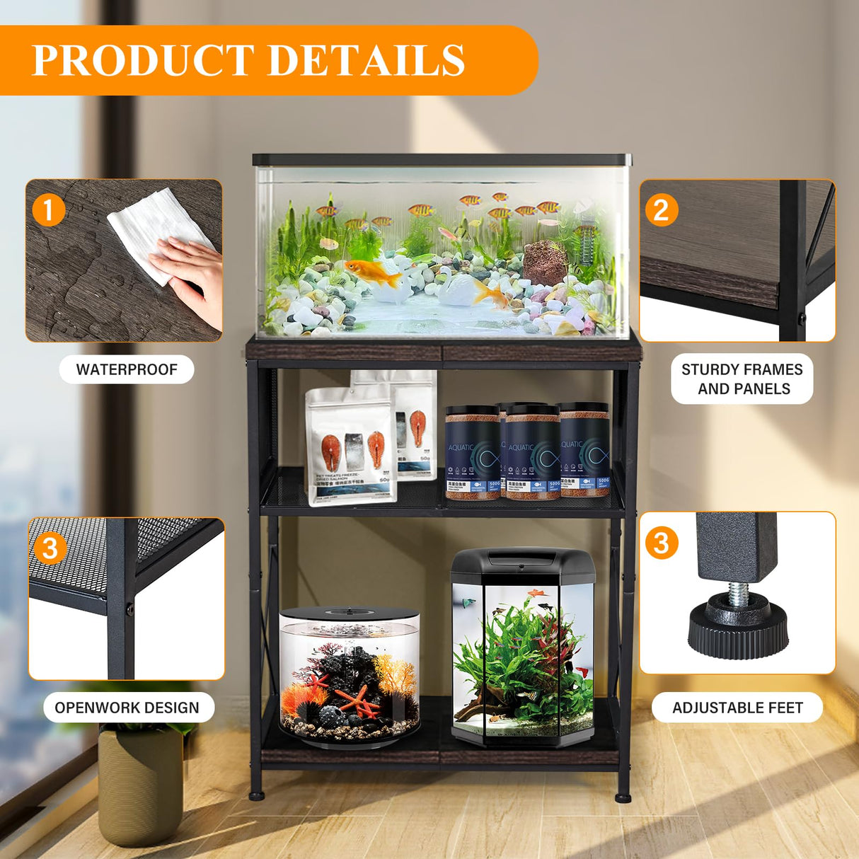 LALA IKAI Fish Tank Stand, 10-20 Gallon Metal Aquarium Stand Table with 2 Tiers Storage Shelf, 4-Leg Reptile Tank Stand 25.59" L x 12.60" W x 30.70" H, Black LALA IKAI