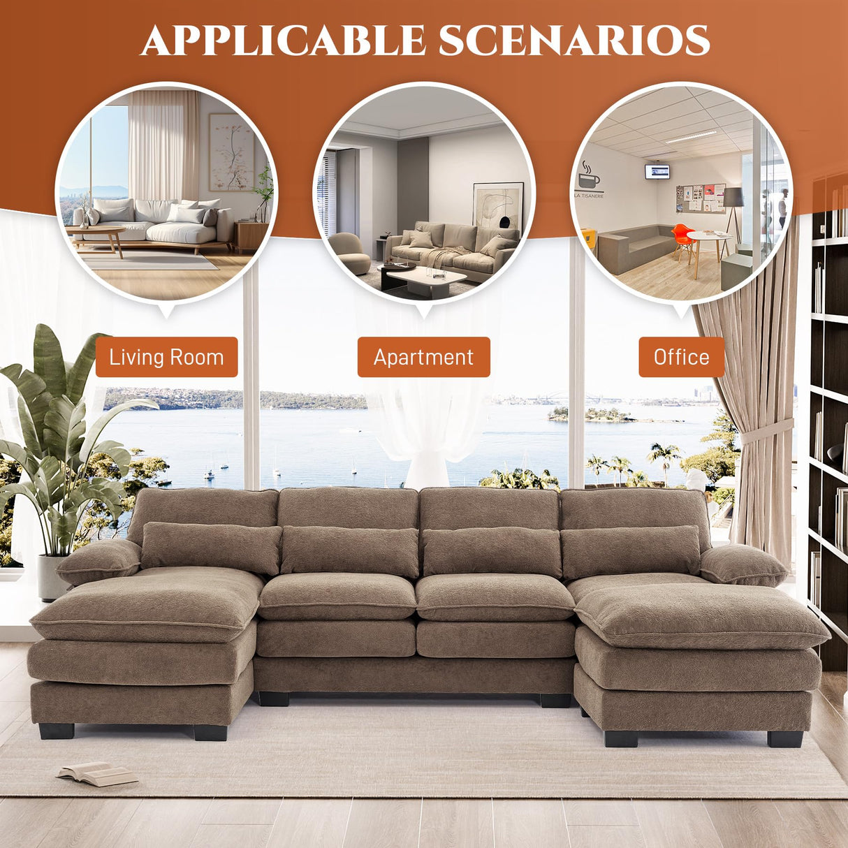 OUYESSIR 114" U Shape Sectional Sofa Cloud Couch for Living Room, Upholstery Comfy Modular Sofa, 4 Seat Chenille L-Shaped Sleeper Sofa with Chaise Lounge, Ottoman & Pillows,Brown OUYESSIR