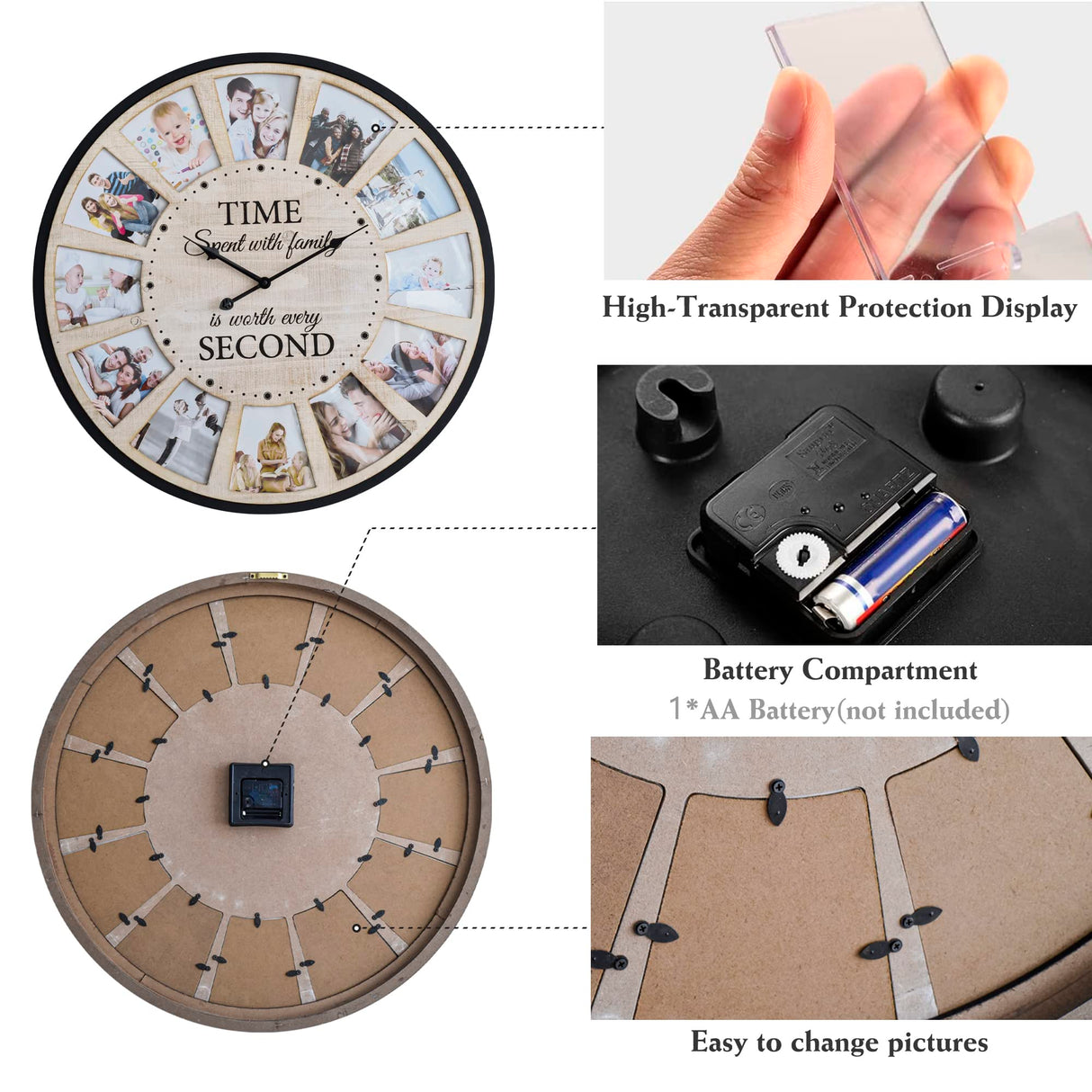 JUMBO HUMBLE 12 Photo Collage Rustic Farmhouse Wood Wall Clock, Large Oversized Wall Clock for Home, Kitchen, Living Room, Silent Battery Powered 25 Inch Natural JUMBO HUMBLE