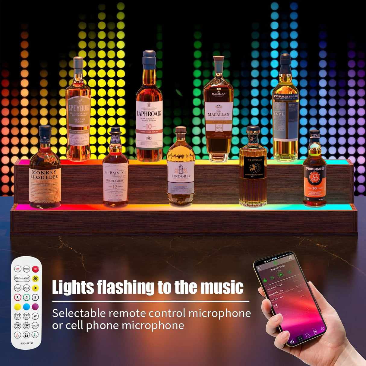 Bingoday LED Liquor Shelf with Acrylic Bottle Display Shelves Wood Rack Wine Retro Bar Cabinets for Home Commercial Bar Party (Walnut, 2 step-38in) Bingoday