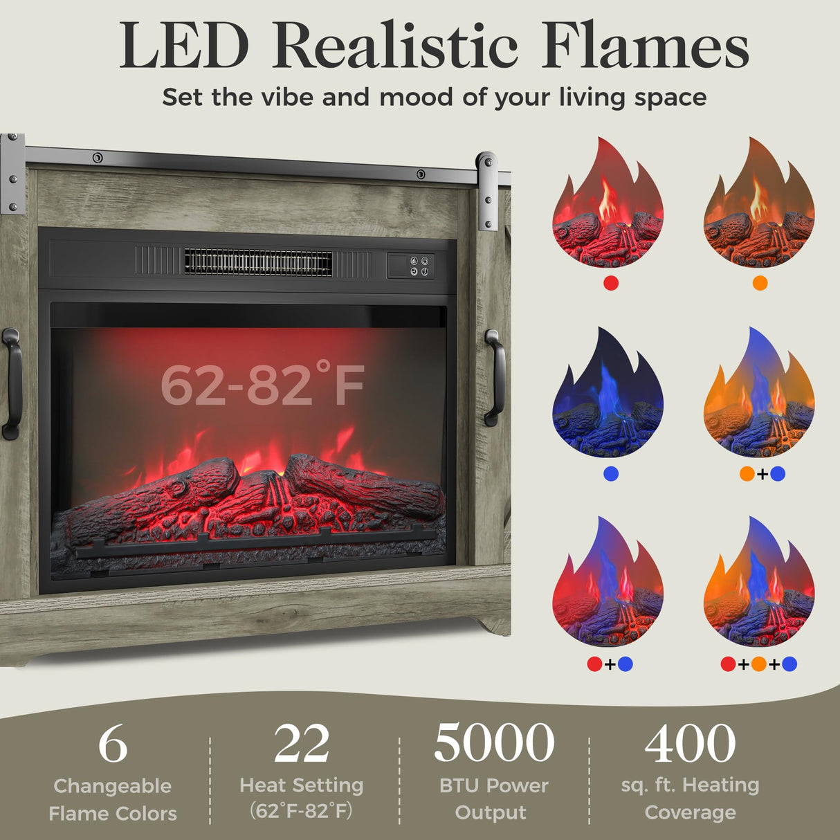 May in Color Fireplace TV Stand for 65+ Inch TV, Farmhouse Entertainment Center with 23" Electric Fireplace with Remote, Modern Rustic TV Console with Sliding Bar Door for Living Room,Light Grey May in Color