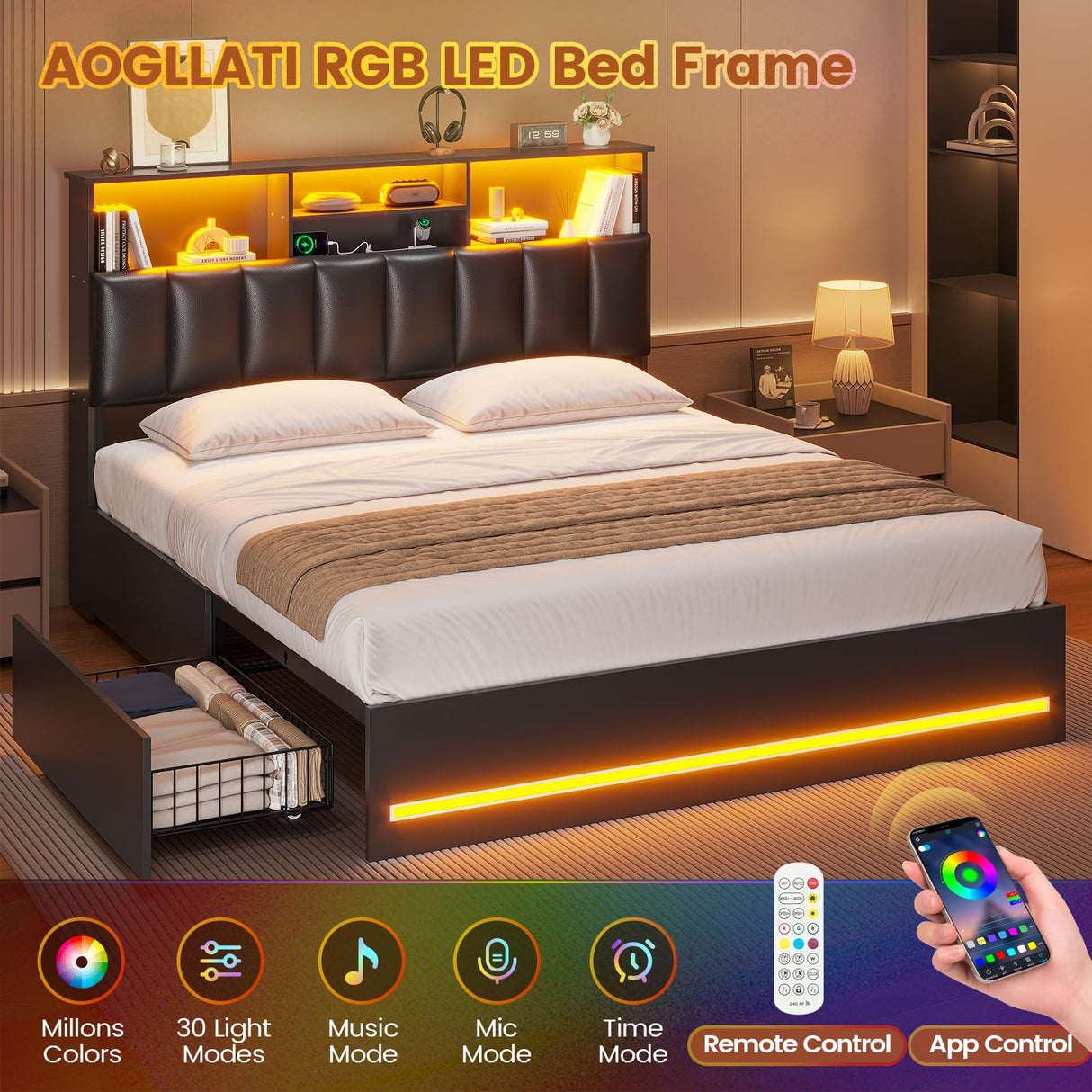 AOGLLATI Full Bed Frame with Stylish Bookcase Headboard & Charging Station & LED Lights,Full Size Bed Frame with 4 Storage Drawers, Led Bed Frame with Metal Slats, No Box Spring Needed,Black AOGLLATI