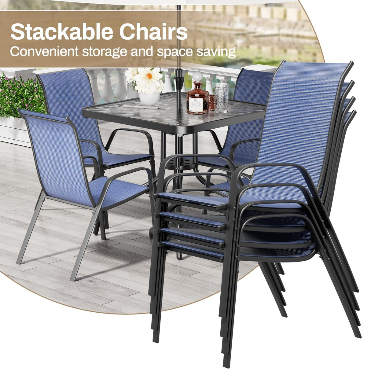 TLSUNNY Patio Dining Set 5 Pieces, All Weather Outdoor Furniture W/30"X 30" Table and 4 Stackable Textilene Chairs, Metal Table and Chairs for Lawn, Garden, Poolside, Backyard (Umbrella not Included) TLSUNNY