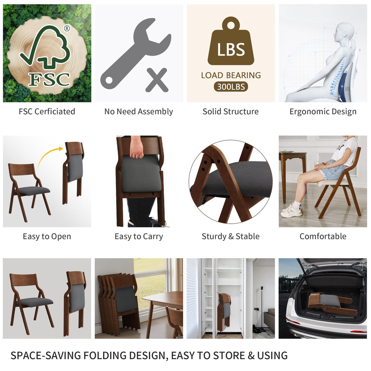 YOPTO Folding Wooden Chairs Set of 2 with Padded Seat,Portable Dining Chairs W/Ergonomically Designed Back and Cushion,for Dining Room,Restaurant,Kitchen,Office YOPTO