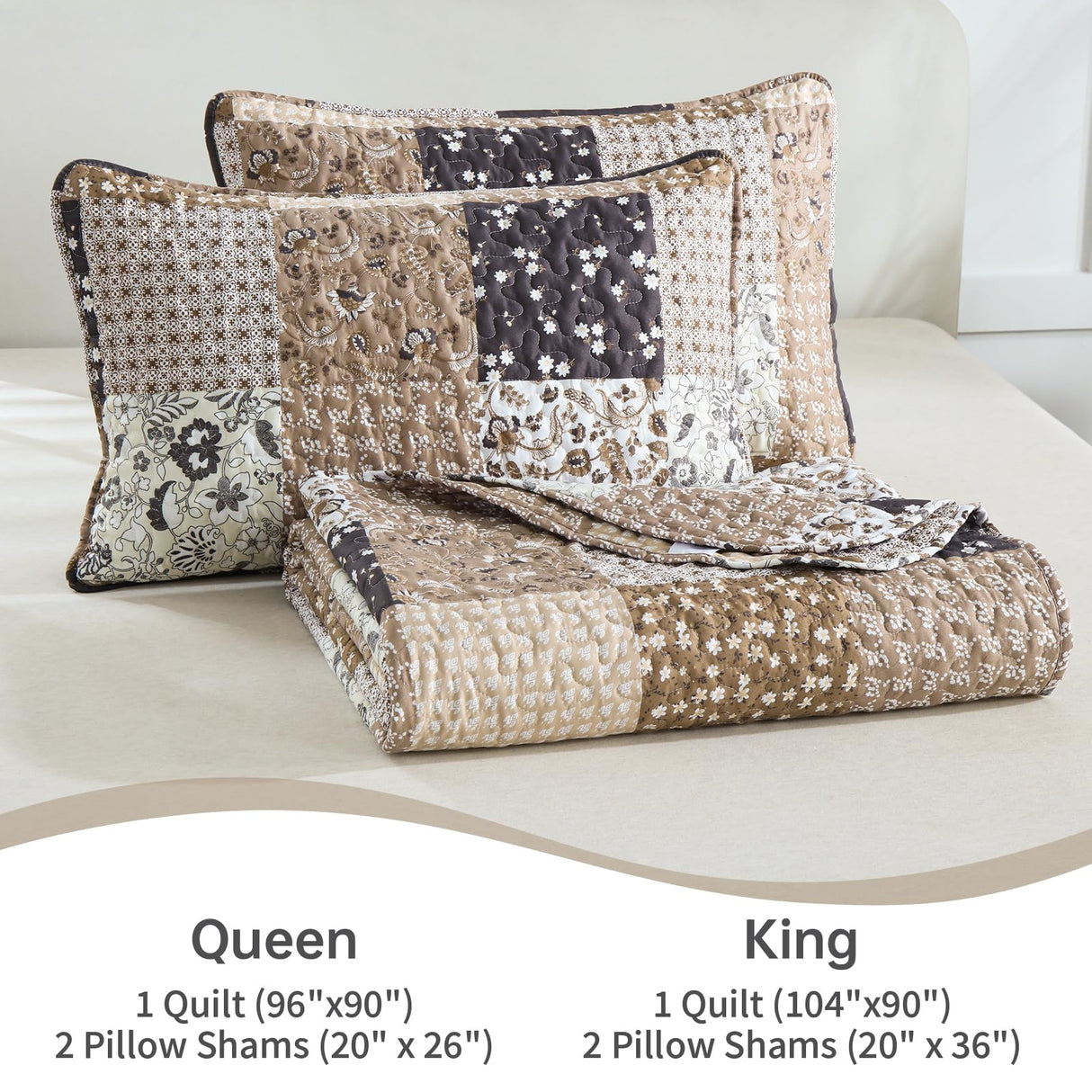 Menghomeus Brown Quilt Set King Boho Patchwork Bedspread Floral Coverlet Reversible Bed Quilt Set All Season Soft Microfiber Bedding Farmhouse Bed Sets, 104"x90" Menghomeus