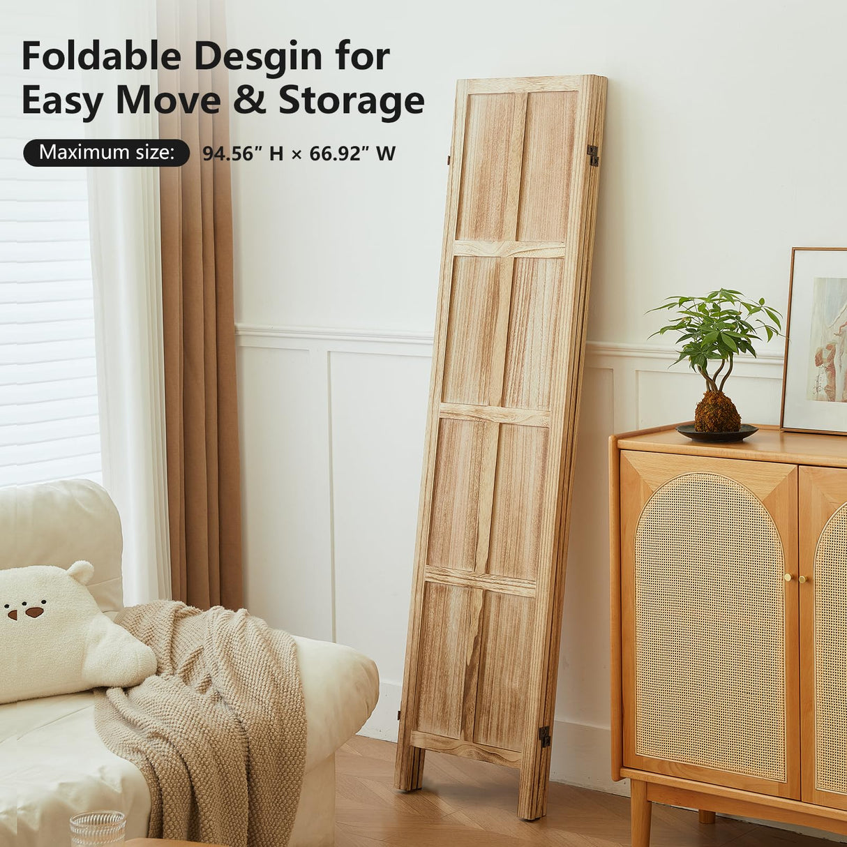 Asnefeli 4 Panel Room Divider, 5.6 FT Folding Privacy Screen Room Divider, Partition Divider for Room Separation, Room Partition Separator, Wooden Wall Divider Screen for Home Office Bedroom (Natural) Asnefeli