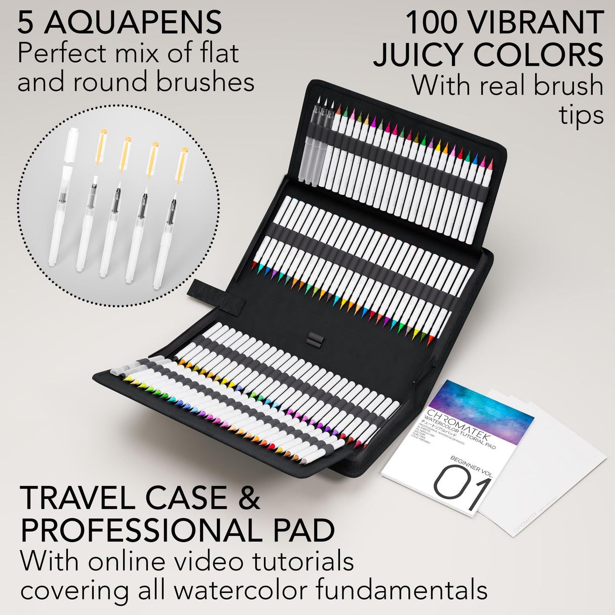 CHROMATEK 108 Watercolor Pens Set | Including 15 Page Pad & Online Video Tutorial Series | 5 Aquapens & 100 Unique Colors | Real Brush Pens | Easily Blendable, Vivid and Smooth CHROMATEK