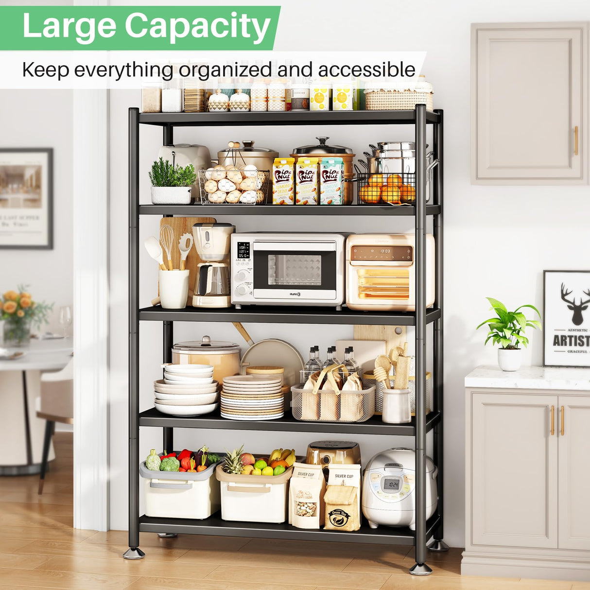 Metal Shelving for Storage, 5 Tier Adjustable Kitchen Storage Shelves with Wheels, Shelving Unit Bookshelf Utility Shelf Metal Storage Rack for Garage Pantry Closet Laundry, 35.8"x13"x59.65" PXRACK