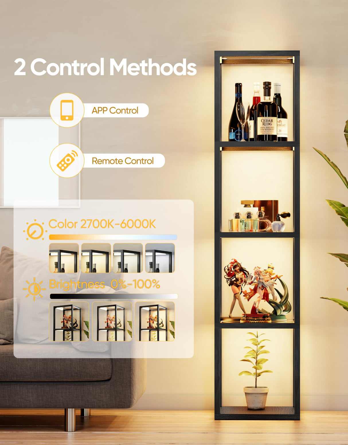 PARTPHONER Floor Lamp Glass Display Shelf with Remote/APP Control, Dimmable LED Floor Lamp with Shelves, Open Display Cabinet, Color Temp Control (2700K-6000K), Black PARTPHONER