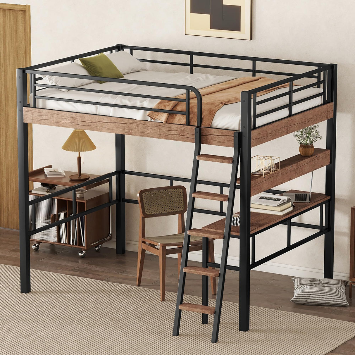 Janusline Metal Full Size Loft Bed with Built-in Desk, Modern Loft Bed Frame with Storage Shelf, Ladder and Safety Guardrail, Easy Assembly, No Box Spring Needed, Black Janusline