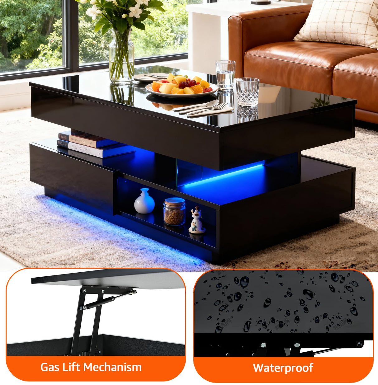 39.37" Lift Top Coffee Table with Hidden Storage & 2 Drawers, Modern High Gloss Center Table for Living Room, Heavy Duty Wood Coffee Table with LED Lights, Apartment Small Space Furniture (Black) Anwick