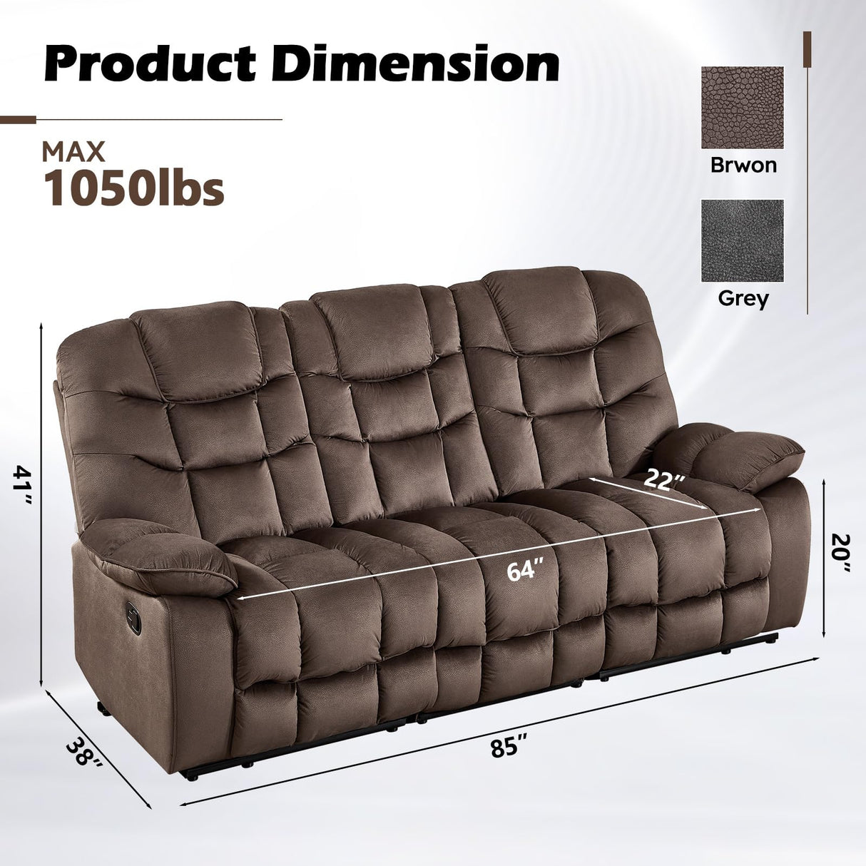 HAOMARKETS 3 Seat Manual Reclining Sofa, Soft Fabric Recliner Couch with Padded Headrest and Armrests, 85" Wide Overstuffed 3-Seater Recliner Couches for Living Room, Brown HAOMARKETS