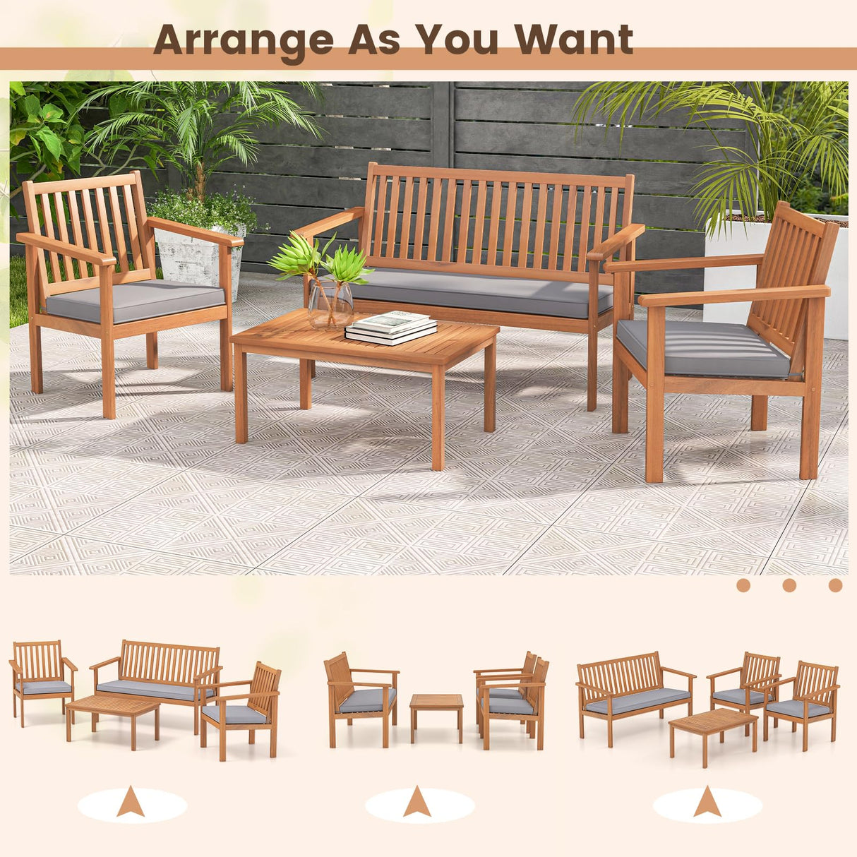 Tangkula 4 Piece Patio Wood Furniture Set, Acacia Wood Sofa Set w/Loveseat, 2 Chairs & Coffee Table, Soft Seat Cushions, Outdoor Wood Furniture Set for Porch, Yard, Balcony (Gray) Tangkula