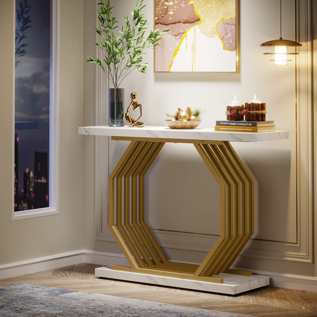 Tribesigns Gold Console Table, Faux Marble Entryway Narrow Sofa Table with Geometric Metal Base, 40 Inch Modern Accent Entrance Table for Living Room, Hallway, Foyer, White and Gold Tribesigns