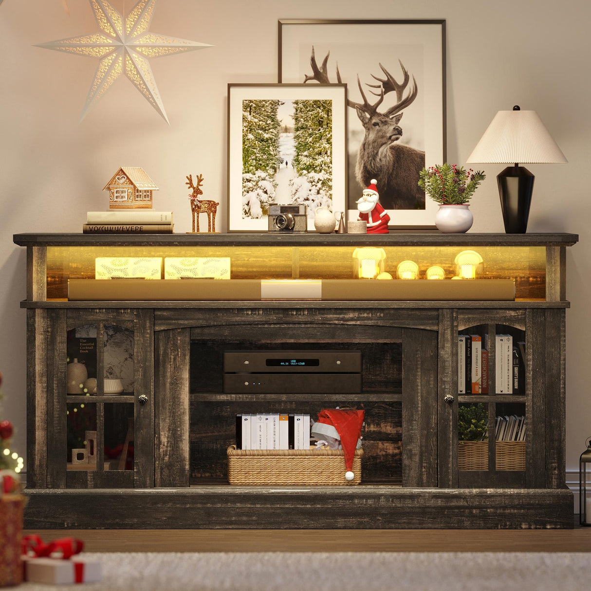 YITAHOME LED Farmhouse TV Stand for 65 Inch w/Outlets, Modern Entertainment Center with Glass Doors and Adjustable Storage Shelves, Media Console TV Cabinet for for Living Room, Dark Rustic Oak YITAHOME