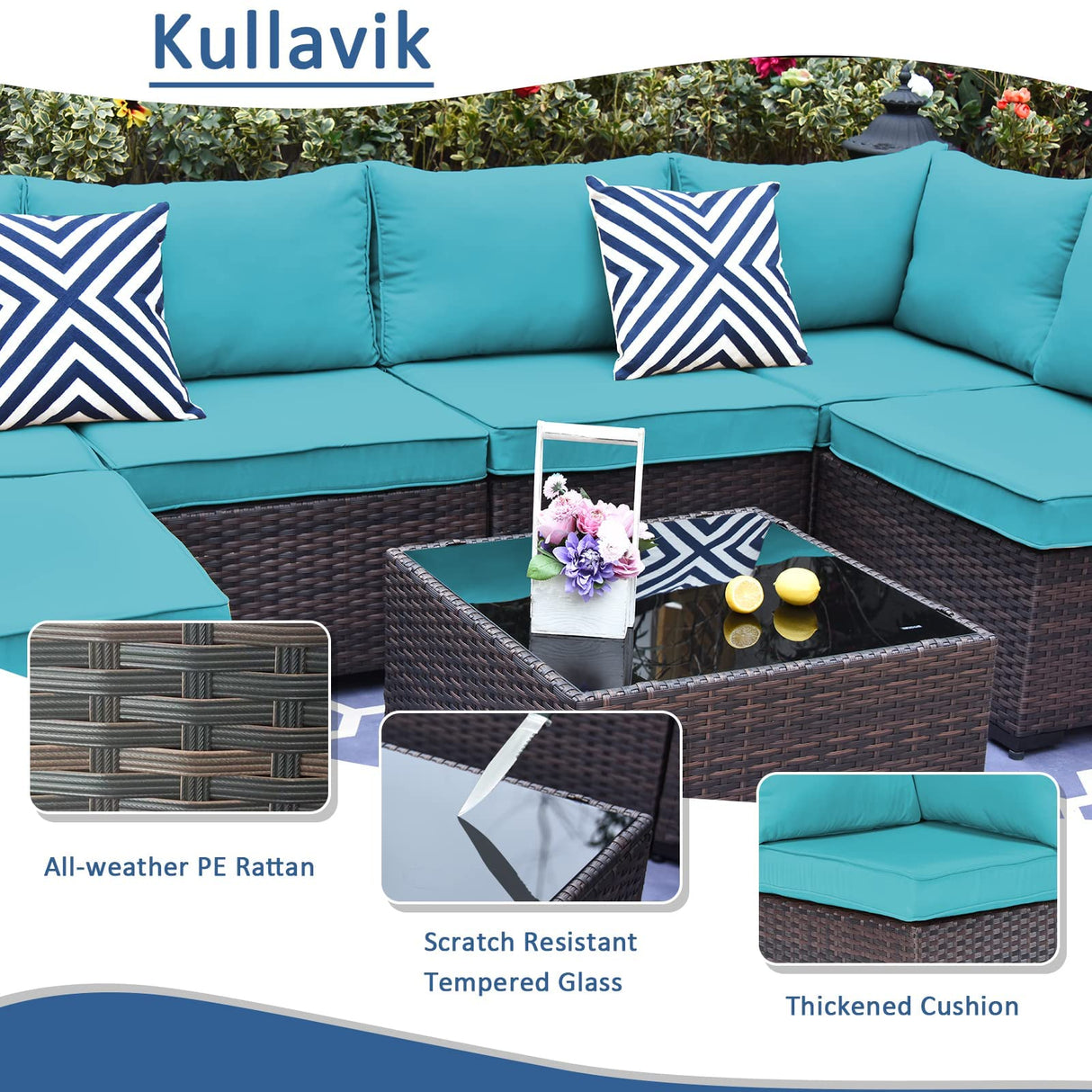 Kullavik 7 Pieces Outdoor Patio Furniture Set,Wicker Outdoor Sectional Sofa,All-Weather Patio Conversation Sets with Washable Thick Cushions & Coffee Table for Garden,Backyard,Balcony,Porch,Blue Kullavik