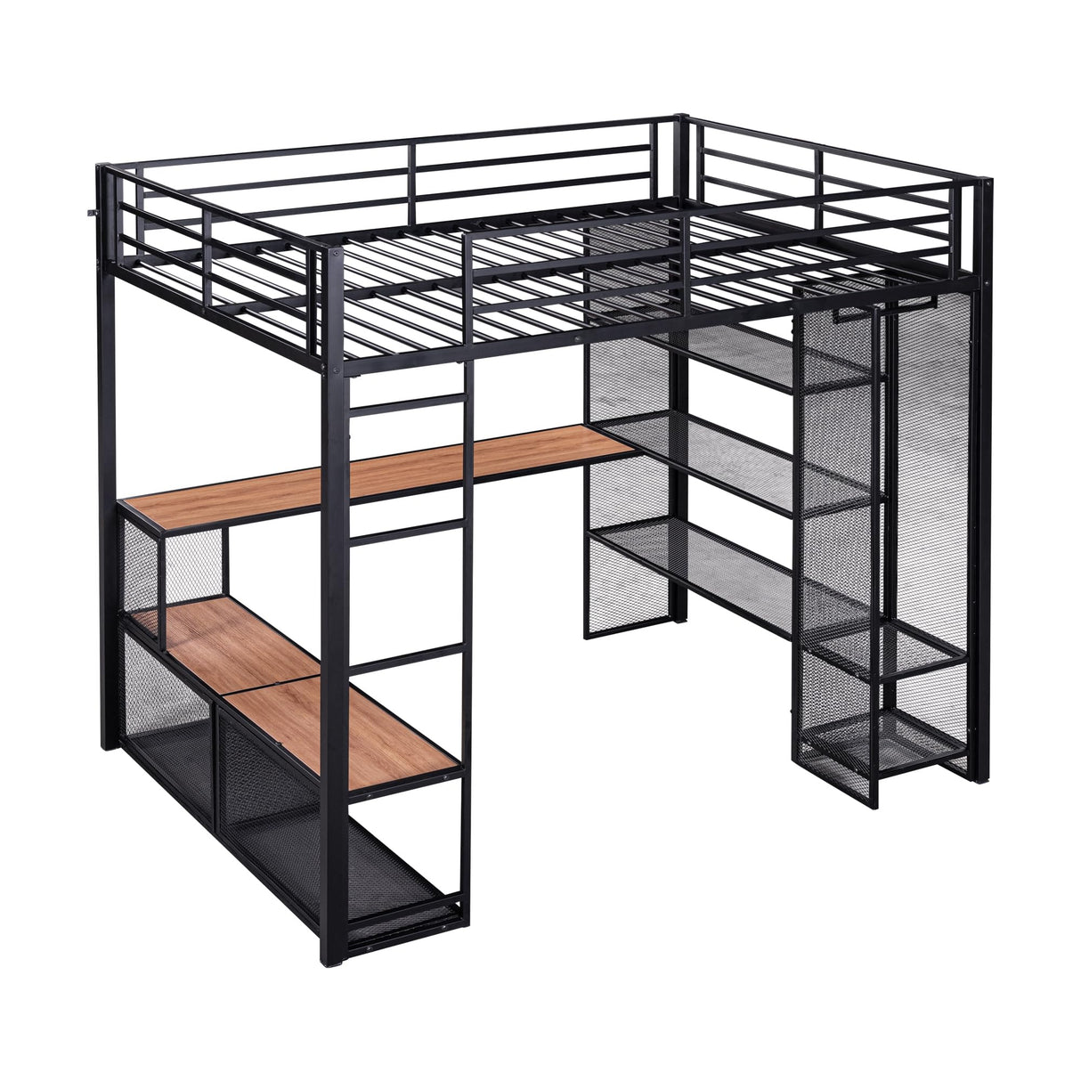 Harper & Bright Designs Full Size Loft Bed with Storage Shelve, Metal Full Loft Bed with Desk & Open Wardrobe, 12.8" H Safety Guardrail, No Box Spring Needed, Black Harper & Bright Designs