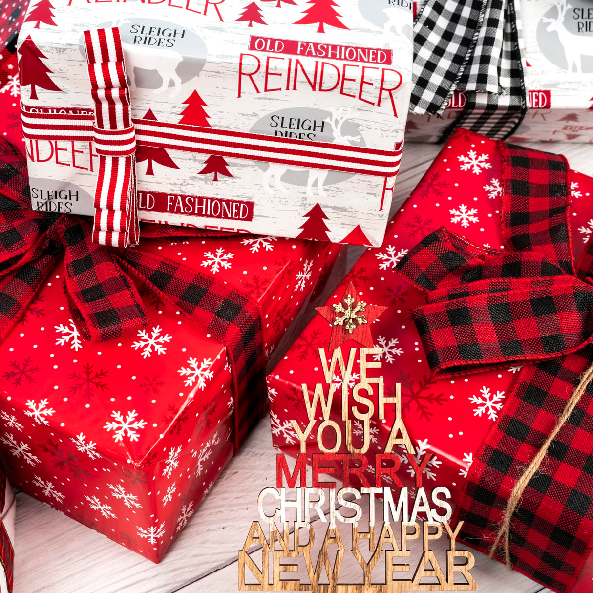 WRAPAHOLIC Reversible Christmas Wrapping Paper Roll - Mini Roll - 17 Inch x 33 Feet - Red White Reindeer and Snowflake Wrapping Paper for Christmas, Holiday, Party WRAPAHOLIC