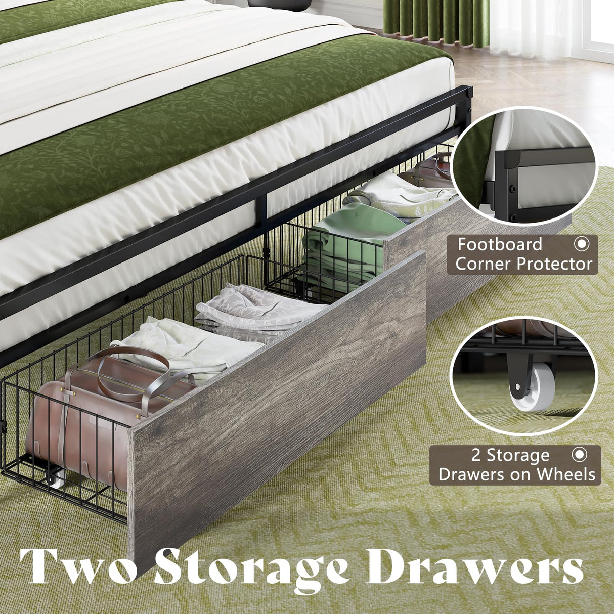 AMERLIFE Rustic Grey LED King Bed Frame with Storage Drawers & Charging Station Headboard AMERLIFE