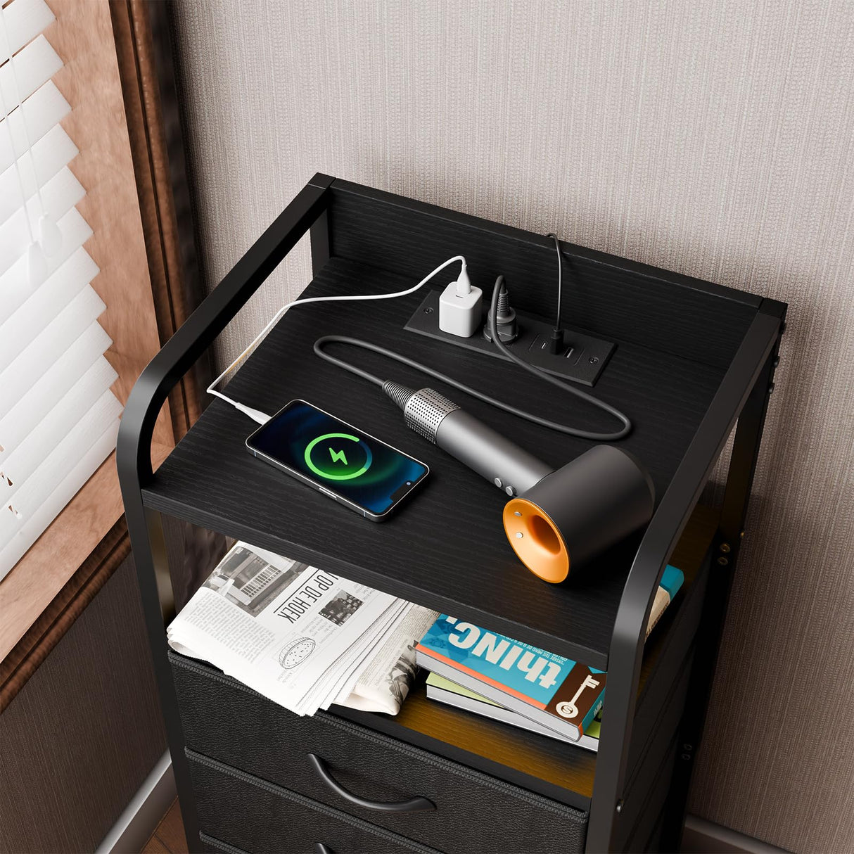 Fixwal Black Night Stand with Charging Station, Tall LED Nightstand with 4 Fabric Drawers, Bedside Table for Bedroom Fixwal