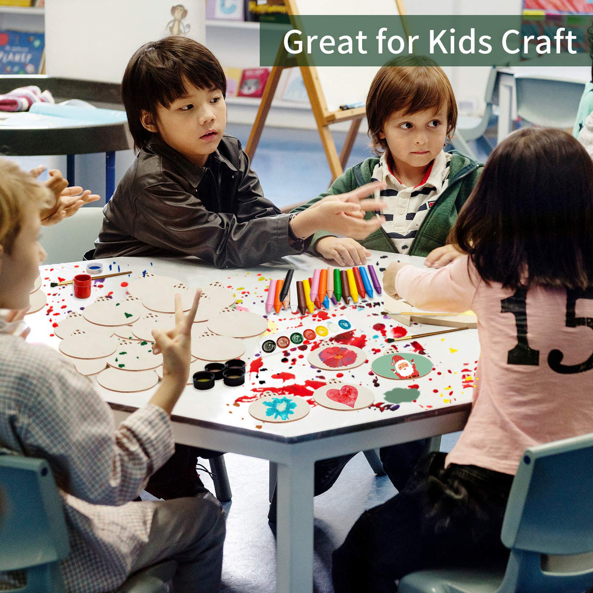 Fuyit 100Pcs 3.5 Inch Wooden Christmas Ornaments Unfinished Wood Slices with Holes, Predrilled Wood Round Circles Blank Discs for DIY Crafts Party Decorations Fuyit