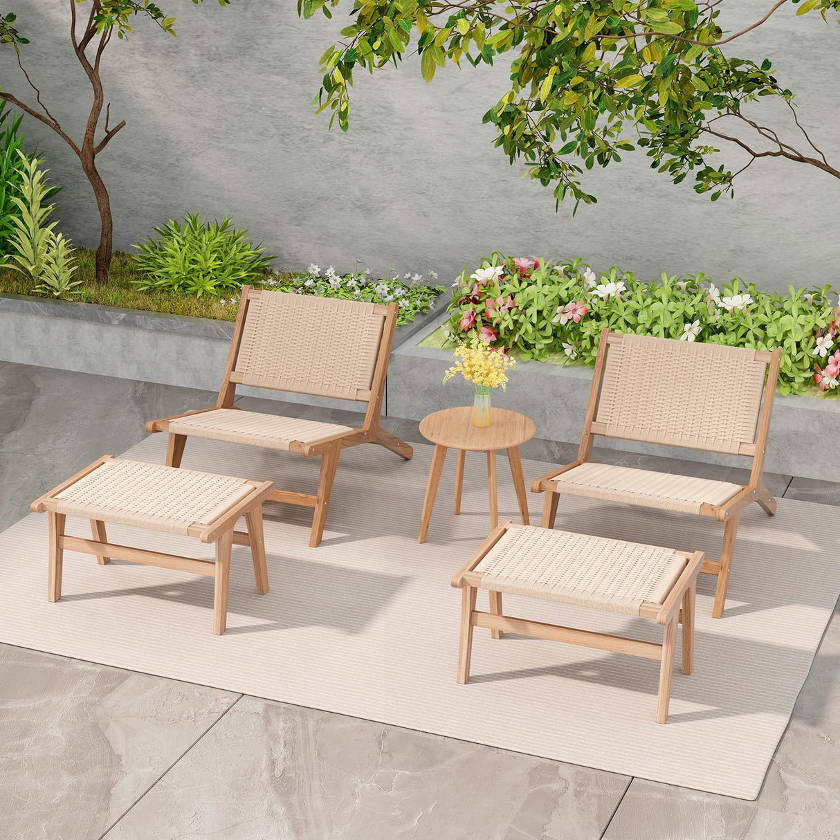 Tangkula Teak Wood Ottoman Footstool, Natural Teak Wooden Foot Rest with Braided Rope for Living Room Bedroom Office, 14" H, Indoor (1) Tangkula