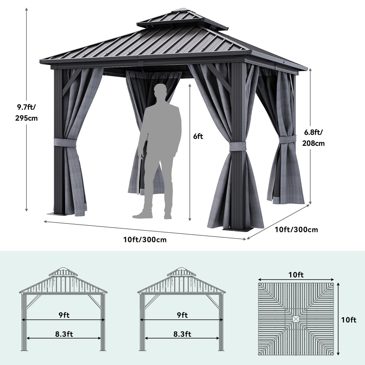 YITAHOME 10x10ft Gazebo Hardtop with Nettings and Curtains, Heavy Duty Double Roof Galvanized Steel Outdoor Combined of Vertical Stripes Roof for Patio, Backyard, Deck, Lawns, Gray YITAHOME