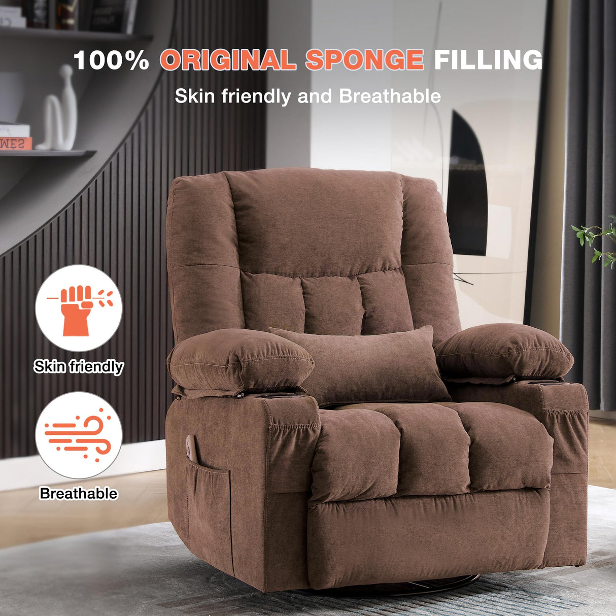 Massage Swivel Recliner Chair with Vibration Massage and Lumbar Heating for Adults,Oversized Rocker Recliner Single Sofa with Side Pocket,Two Cup Holders and USB Charge Port for Living Room MAHOMICO