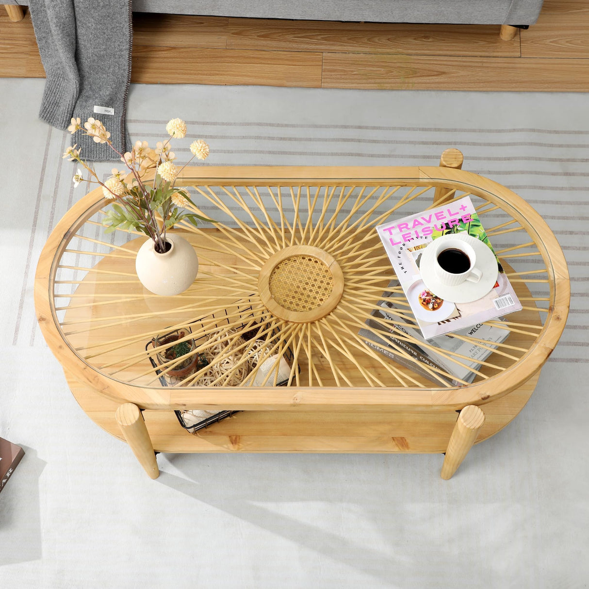 RUSTOWN Rattan Coffee Tables,2-Tier Oval Boho Cocktail Tables, Mid Century Modern Coffee Table with Rattan & Tempered Glass Top and Wood Legs, Sofa Table for Living Room(Natural) RUSTOWN