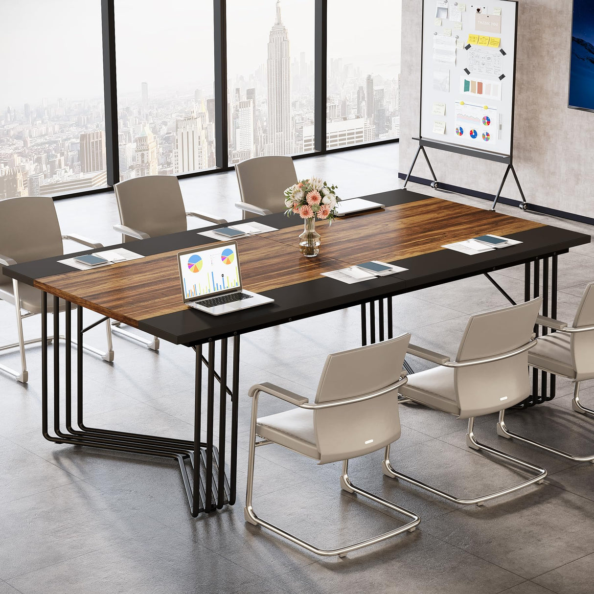 Tribesigns 78.74-Inch Conference Table, 6.56 ft 2 Person Desk Home Office Desk with Sturdy Geometric Metal Frame, Meeting Table Business Seminar Table for 8-10 People, Rustic Brown & Black Tribesigns