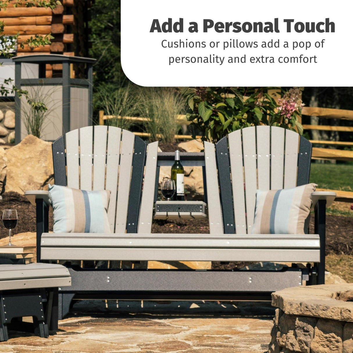 LuxCraft 5' Adirondack Double Glider Bench, 2 Person Glider Chair, Outdoor Glider Bench, Outdoor Loveseat Glider (Dove Gray on Black) LuxCraft