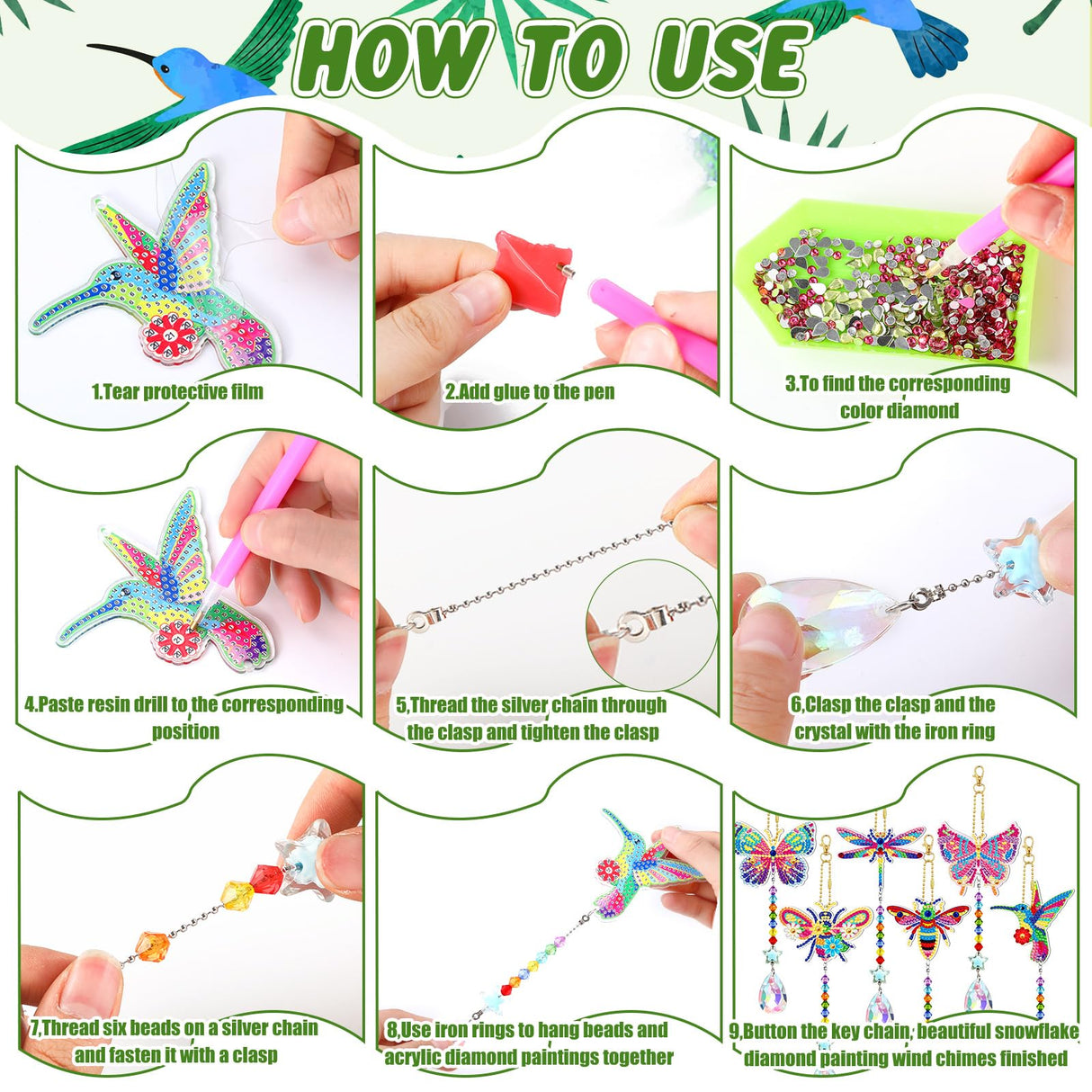 Kigley 6 Pcs Diamond Painting Suncatcher 3D Diamond Painting Wind Chime DIY Crystal Wind Chimes Art Suncatchers for Adults Kids Home Garden Window DIY Craft Kigley