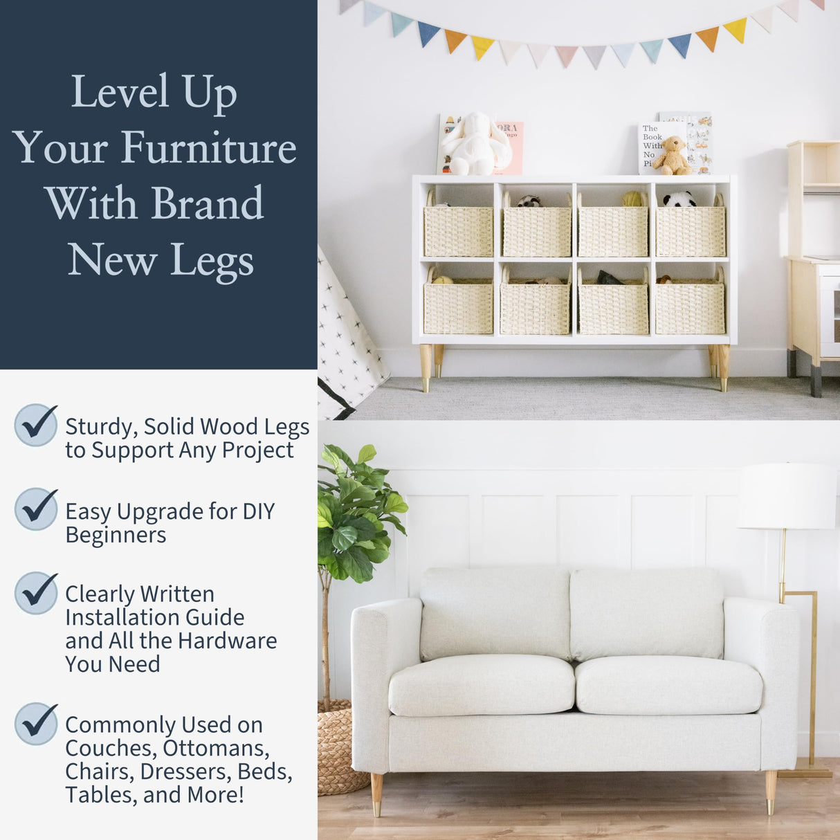 Ash Wood Furniture Legs With Gold Caps - Mid Century Feet For Sofa, Chair, Table, Dresser, Bed, Cabinet, Ottoman - Wood Leg Risers, Easy Install & Includes Installation Hardware - Set of 4, 4 Inches Airy Abode