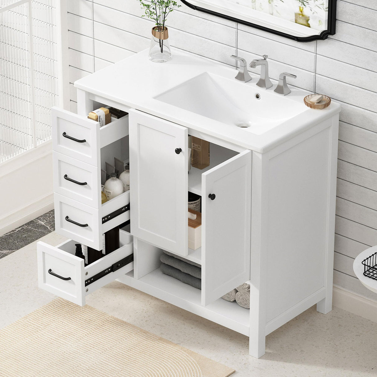 Merax 36" Bathroom Vanities Cabinet with Right Side Sink, Multi-Functional Drawers, Two Soft Closing Doors, Open Shelf, White Merax