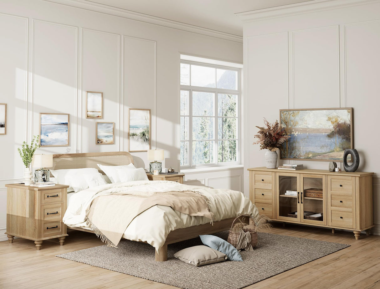 WAMPAT Glass Door Farmhouse TV Stand for TVs Up to 75 inch, Wood Universal TV Console Table with 4 Storage Cabinets, Entertainment Center for 32-75 inch TV Console Cabinet, 58'',Oak WAMPAT