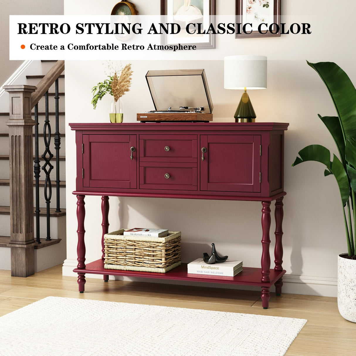 ARTPOWER Console Table with 2 Door, Open Storage Shelf and Retro Entryway Table with 2 Drawers Cabinets, Accent Table, Behind Couch Table for Living Room, Foyer and Hallway, Red ARTPOWER