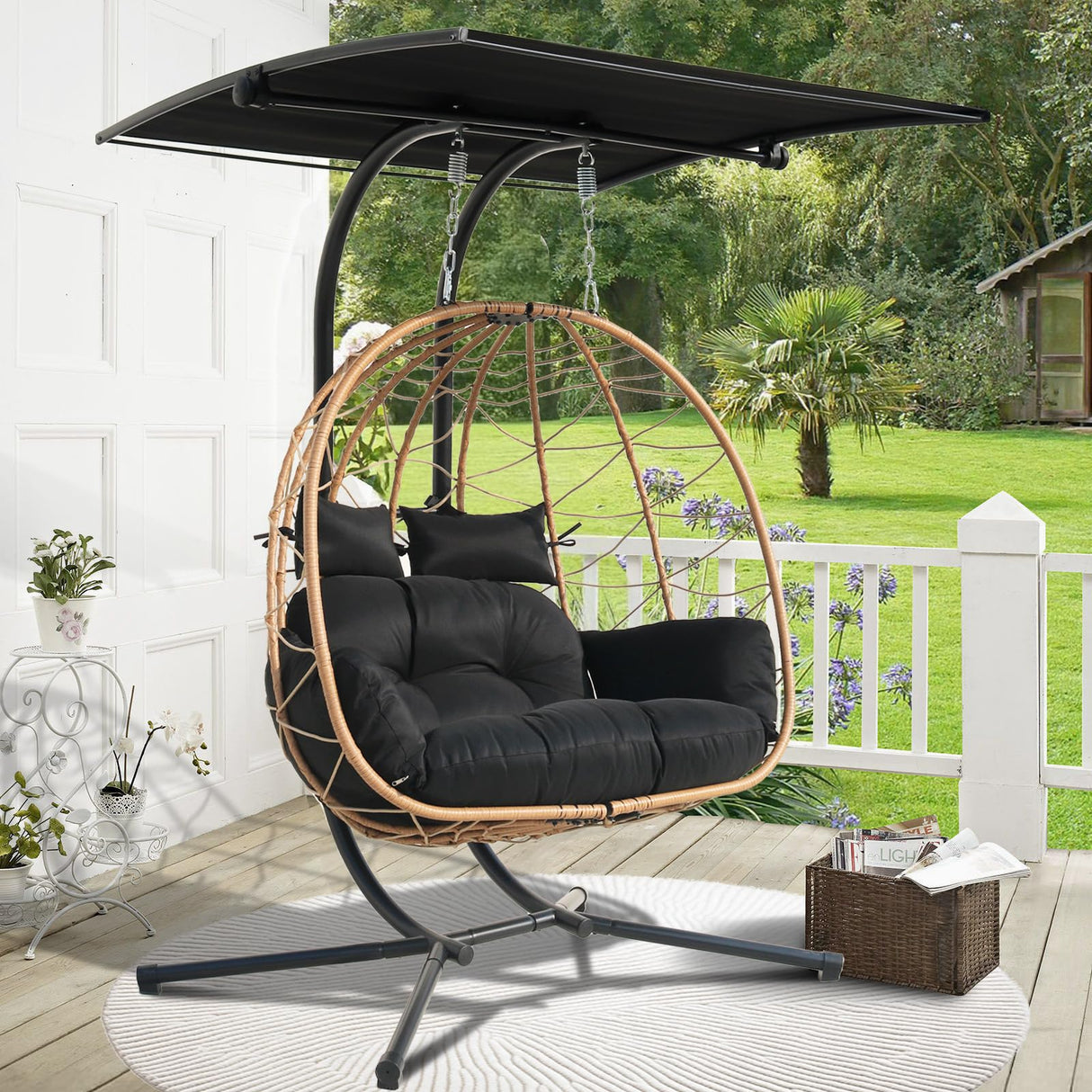 Double Egg Swing Chair with Stand & Adjustable Canopy, Outdoor Indoor Hanging Egg Chair, Handwoven Pe Rattan Loveseat with Uv-Resistant Cushions, 680Lbs Capacity for Patio, Garden, Balcony (Black) Nevsokio