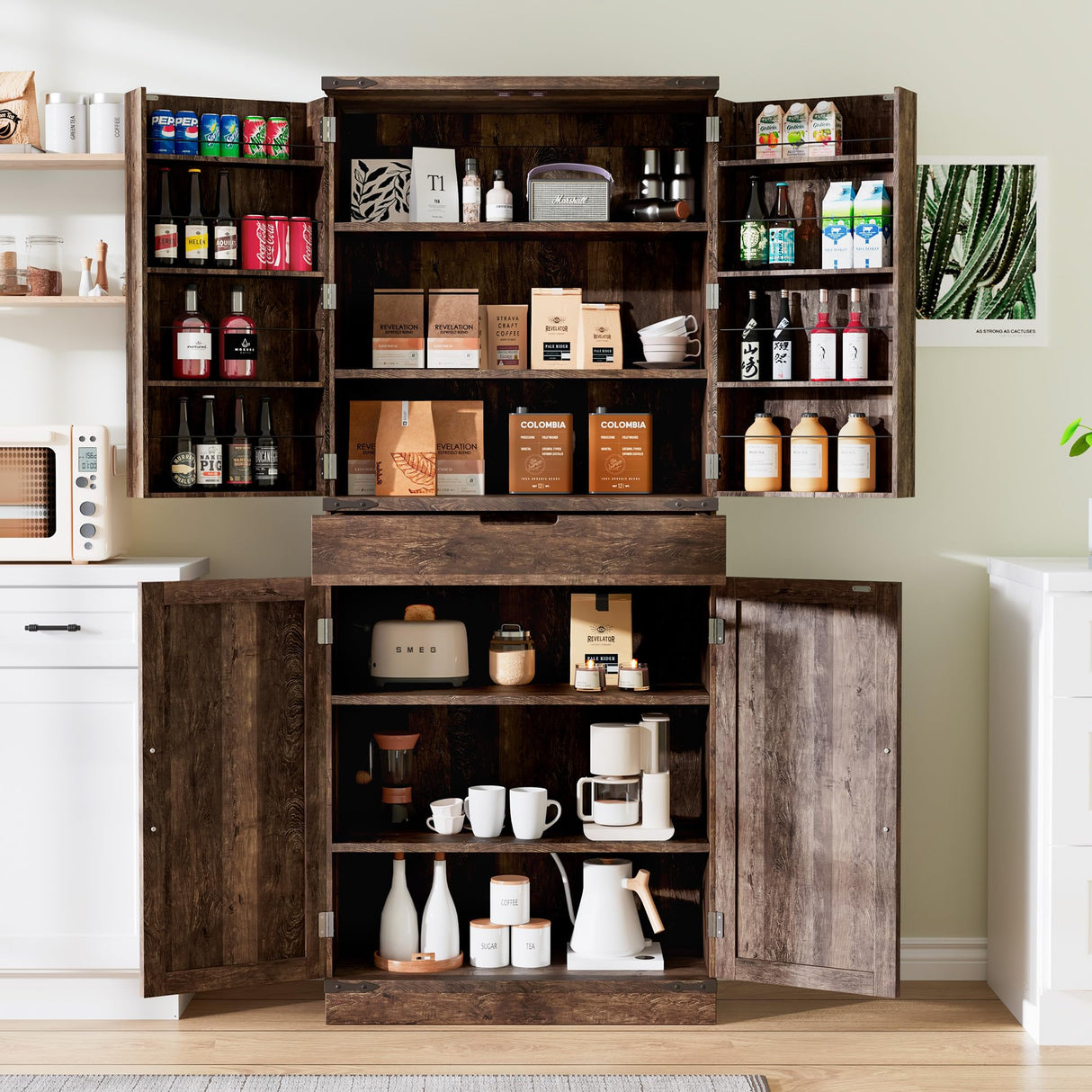 GRUSIGN 72" Tall Storage Cabinet, Kitchen Pantry Cabinet with Adjustable Shelves & Sturdy Steel Frame, Farmhouse Pantry Storage with 4 Barn Doors for Kitchen, Dining Room, and Living Room, Dark Grey GRUSIGN