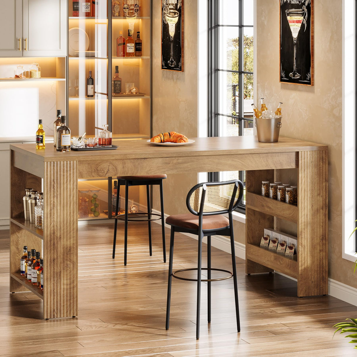 Tribesigns 63-Inch Bar Table, Farmhouse Counter Height Pub Table with Storage Shelves, High Top Bar Unit for Kitchen, Dining Room, Bistro, Natural Tribesigns