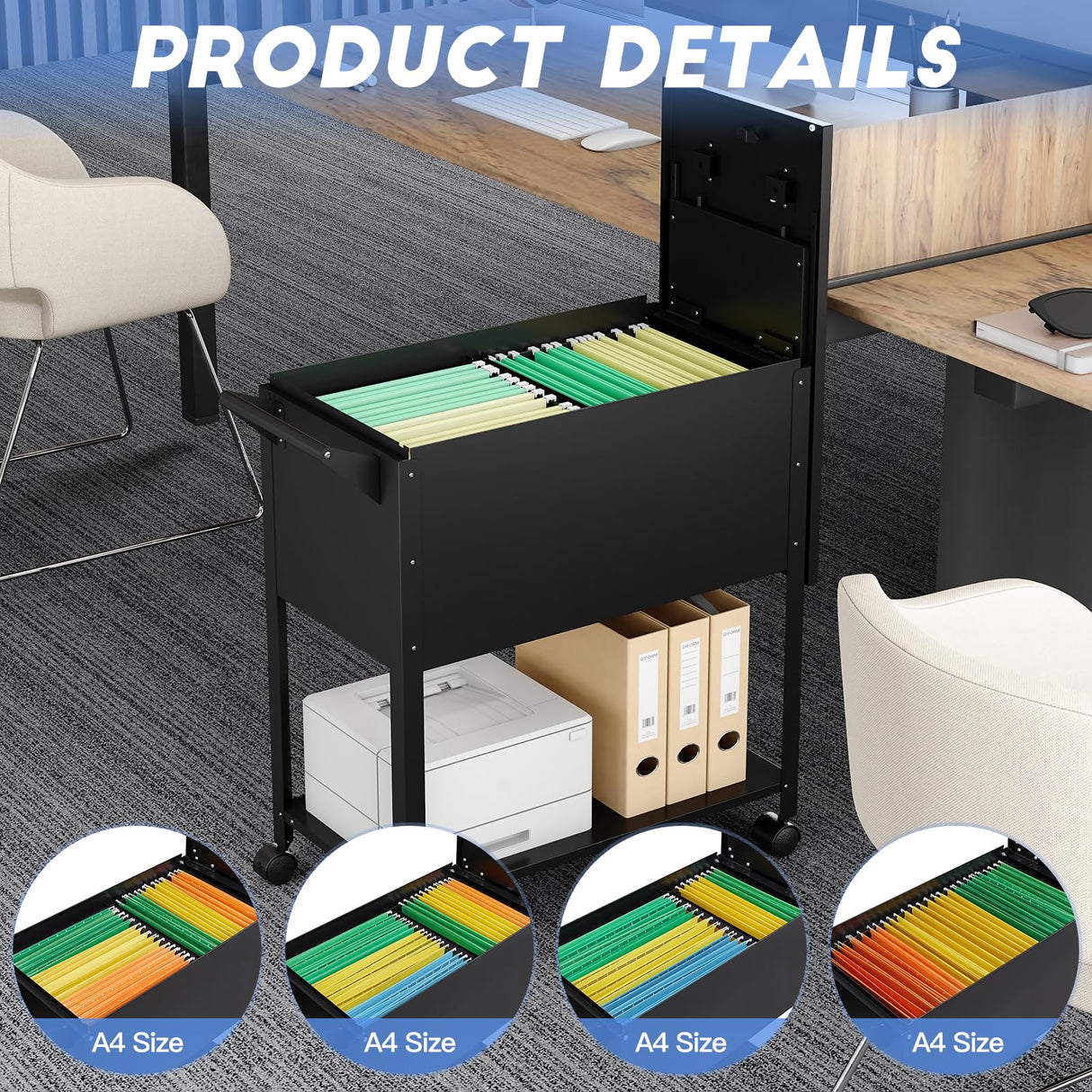 Yizosh Metal Rolling File Storage Cart with Wheels, Mobile File Cabinet with Lock, Filing Cabinet Organizer for Legal/A4 (Black) Yizosh