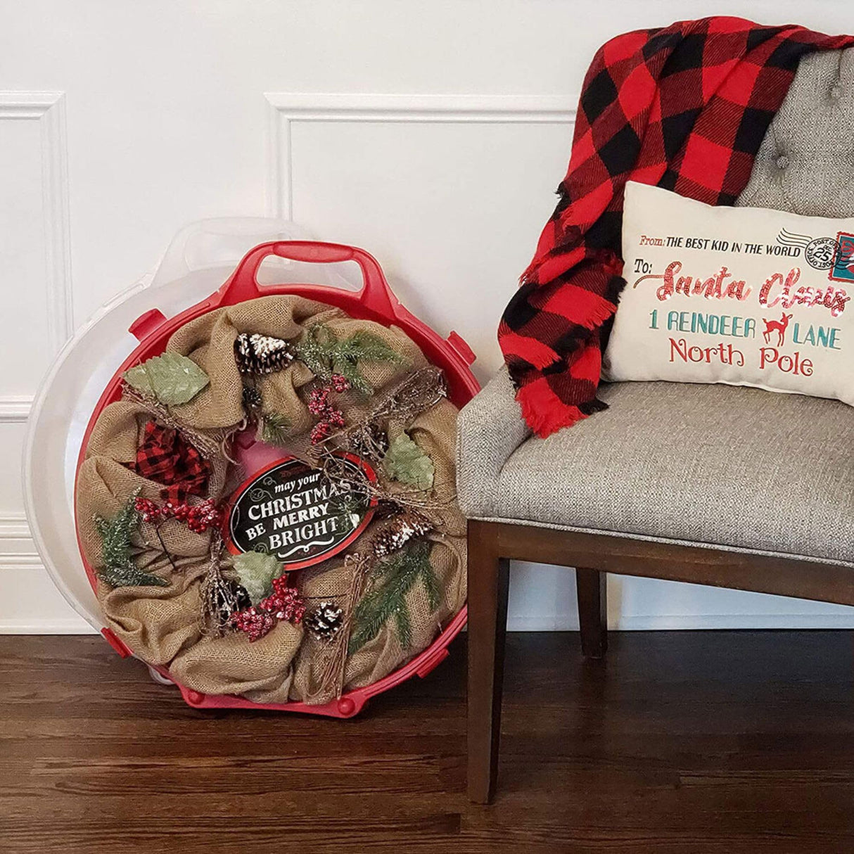 HOMZ 6-Pack Seasonal Holiday, Decorative Wreath Storage Organizer, 24 Inch, Red & Clear - Stackable Plastic Containers for Christmas Ornament Decorations HOMZ