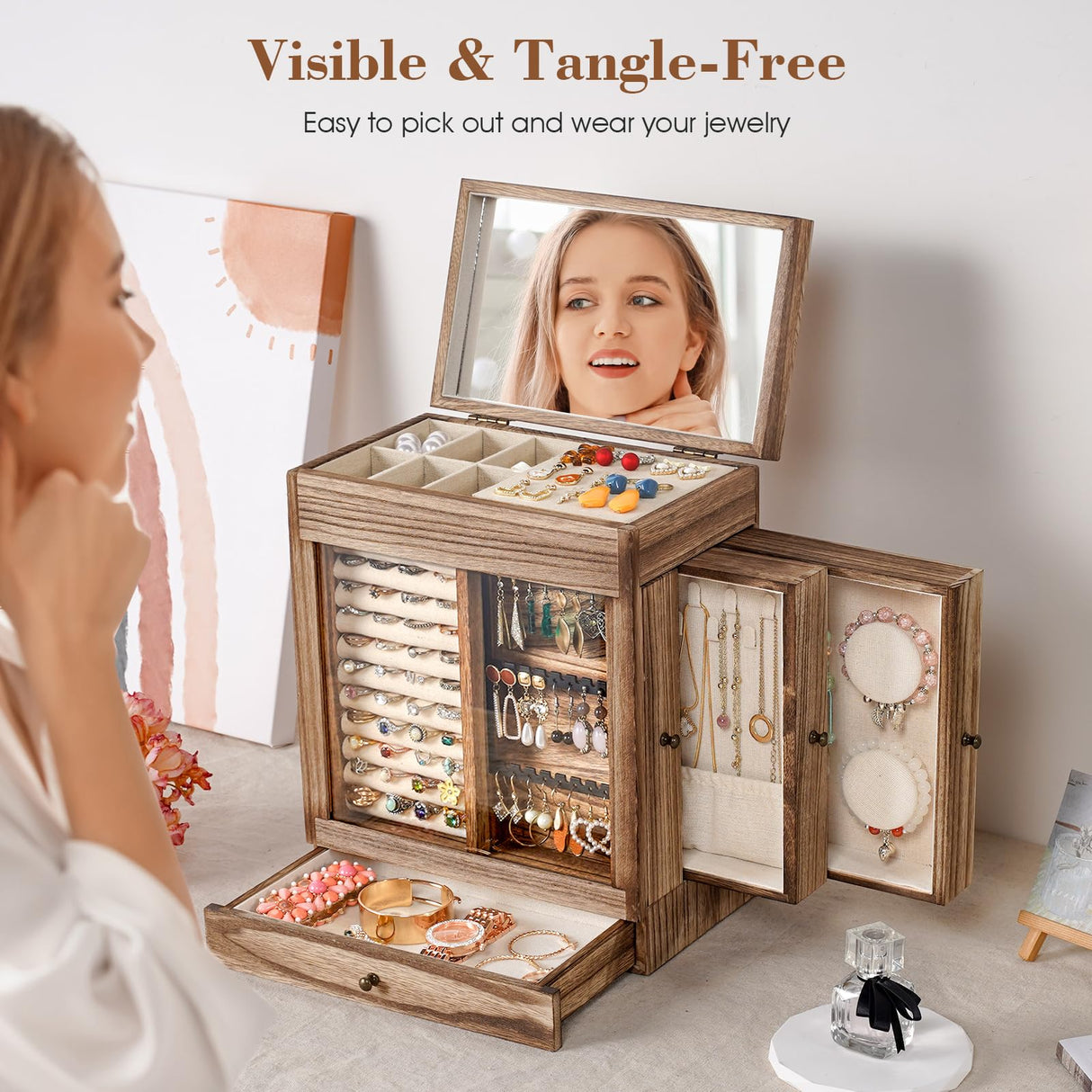 Honiway Jewelry Box for Women, 5 Layer Rustic Wooden Jewelry Organizer with Glass Window, 4 Drawers, Mirror, Large Jewelry Storage Display for Earrings Rings Necklaces Bracelets (Rustic Brown) Honiway