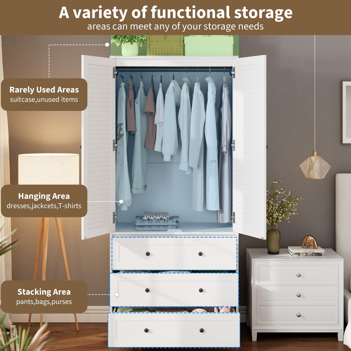Senfot Armoire Wardrobe Closet with 3 Drawers and 2 Doors, Modern Wooden Wardrobe Cabinets for Hanging Clothes, Tall Standing Bedroom Armoires, Heavy Duty, White Senfot